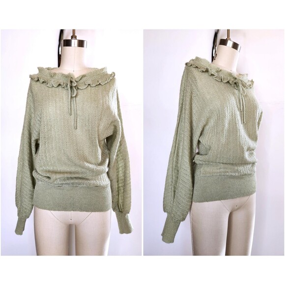 Vintage Green Wool Blend Sweater - Balloon Poet Sleeves - 80s 90s Italian XS S - Picture 1 of 10